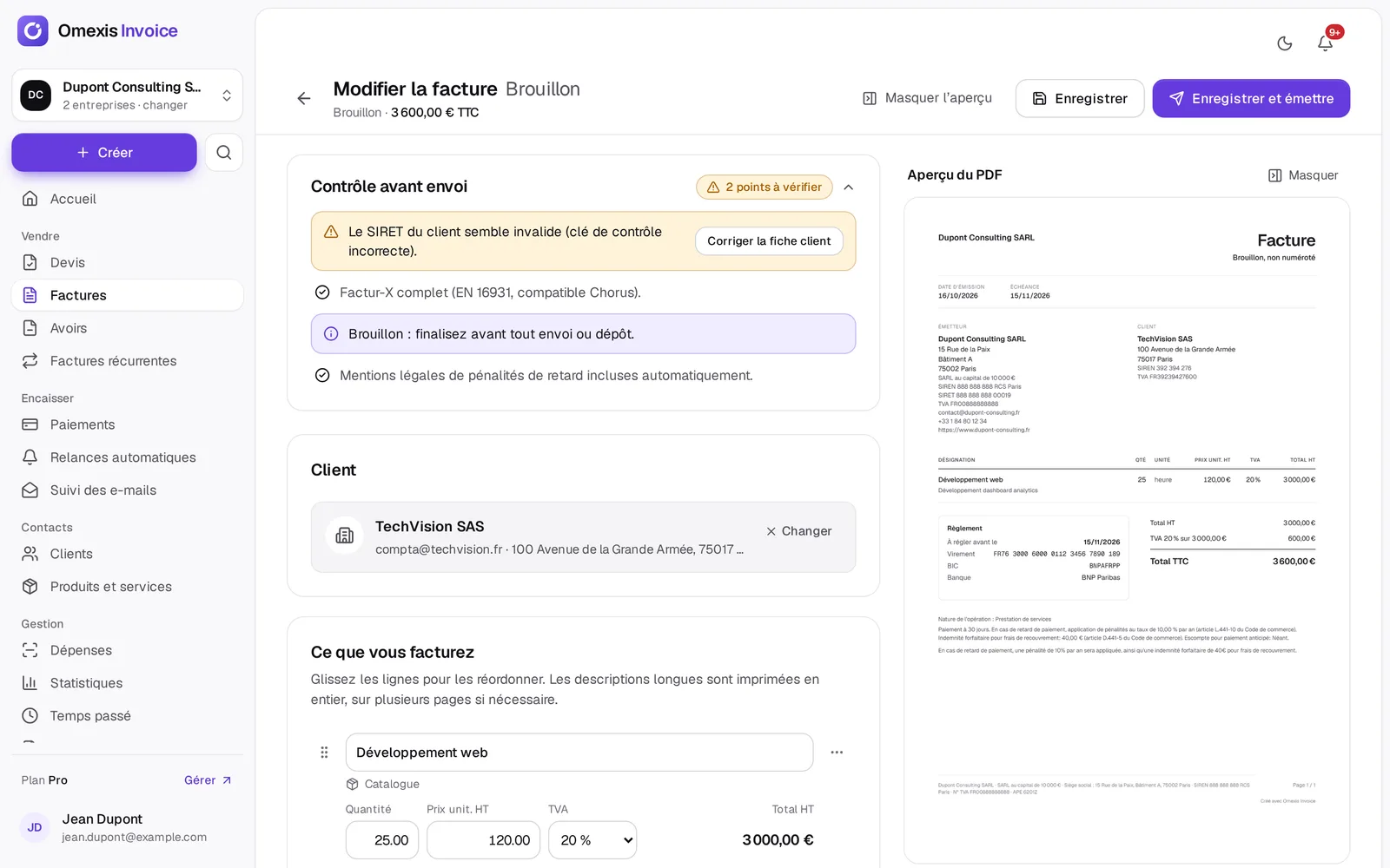 Éditeur de facture d'Omexis Invoice : saisie à gauche, aperçu PDF mis à jour en direct à droite